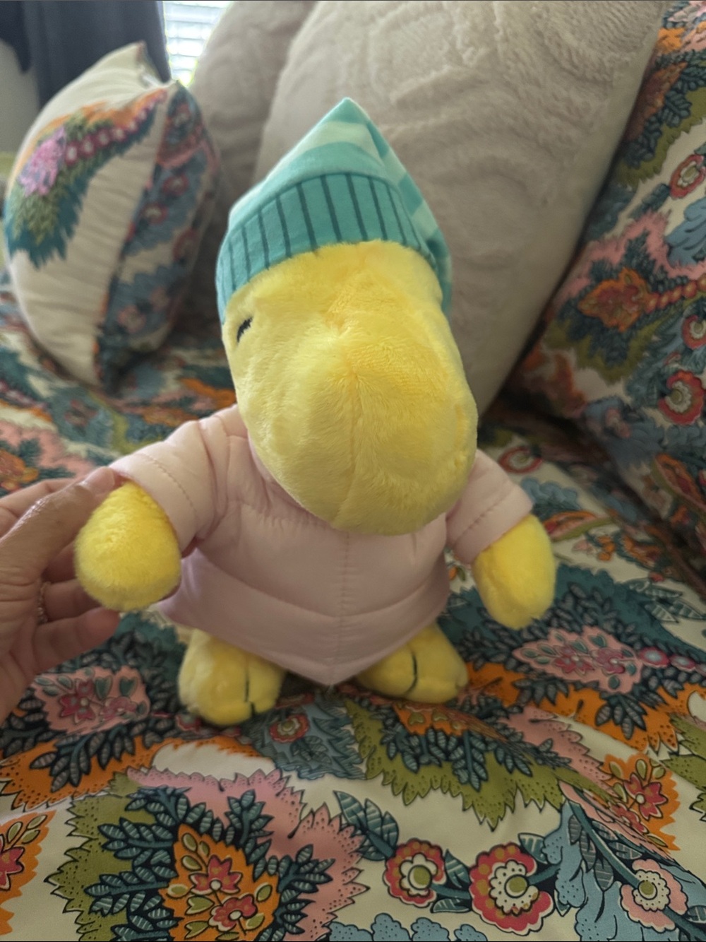 Hallmark Yellow Plush Bird in Pink Coat and Teal Striped Hat